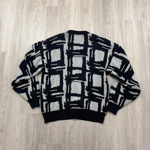 Vintage Geometric Cardigan Sweater Men's Large Black White Knit 90s Abstract - Picture 5 of 7